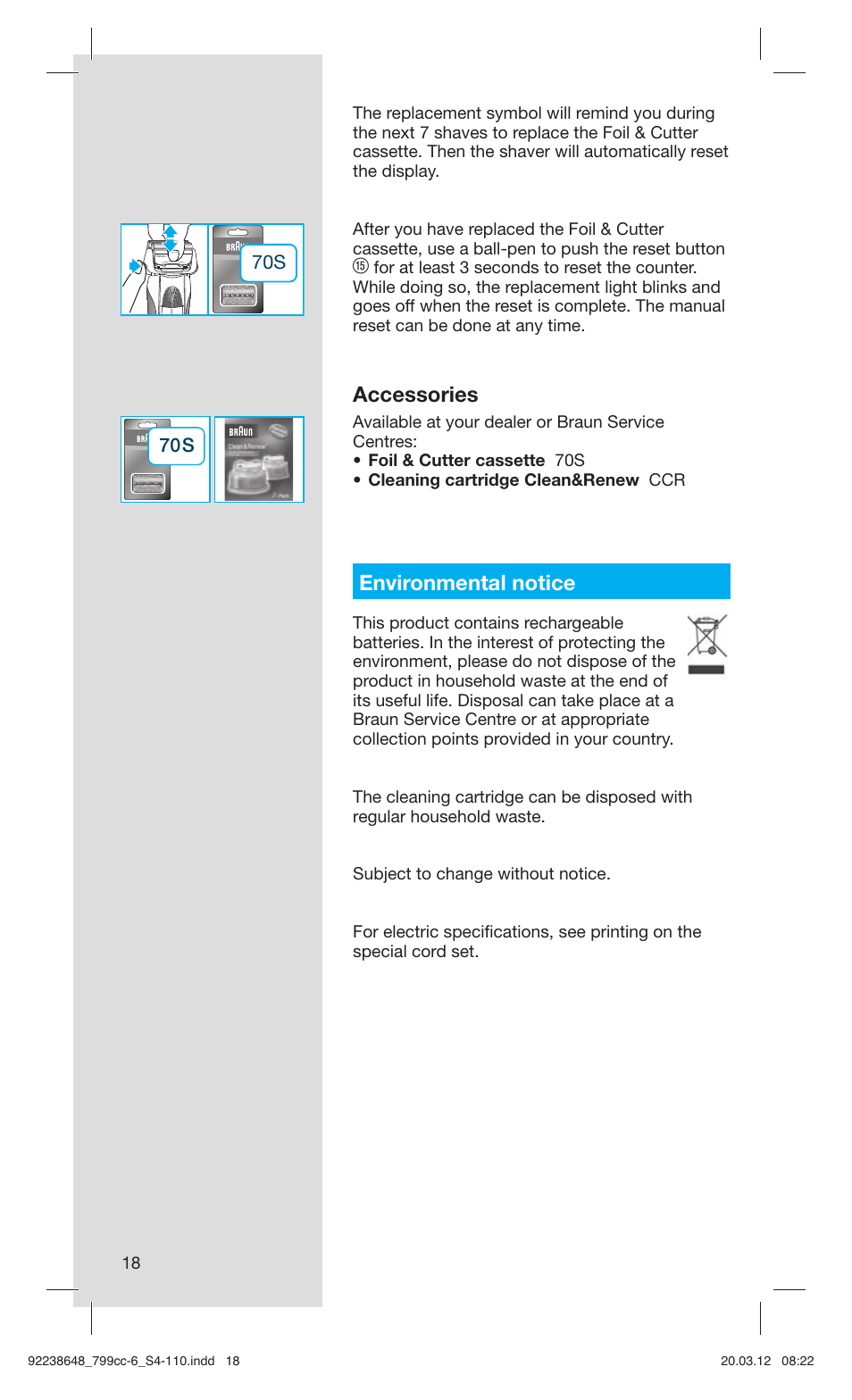 Accessories, Environmental notice | Braun 799cc-6 Wet & Dry, Series 7 User Manual | Page 18 / 107