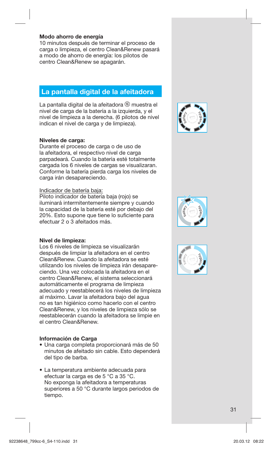 La pantalla digital de la afeitadora | Braun 799cc-6 Wet & Dry, Series 7 User Manual | Page 31 / 107