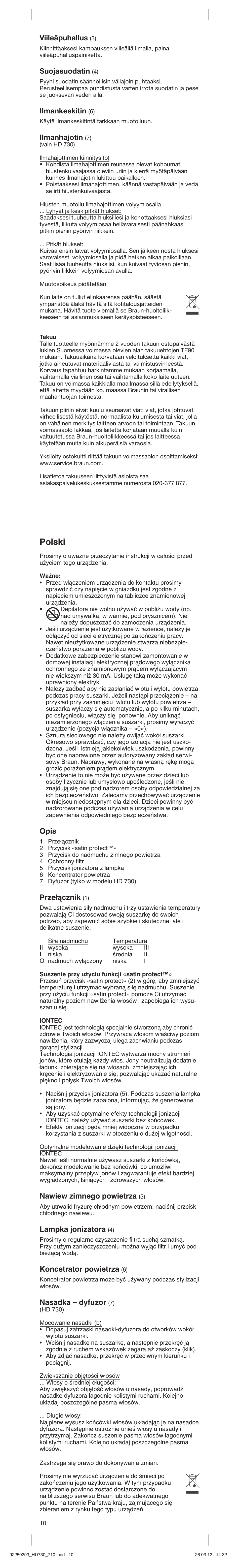 Polski, Viileäpuhallus, Suojasuodatin | Ilmankeskitin, Ilmanhajotin, Opis, Prze∏àcznik, Nawiew zimnego powietrza, Lampka jonizatora, Koncetrator powietrza | Braun HD710 Satin Hair 7 User Manual | Page 10 / 21