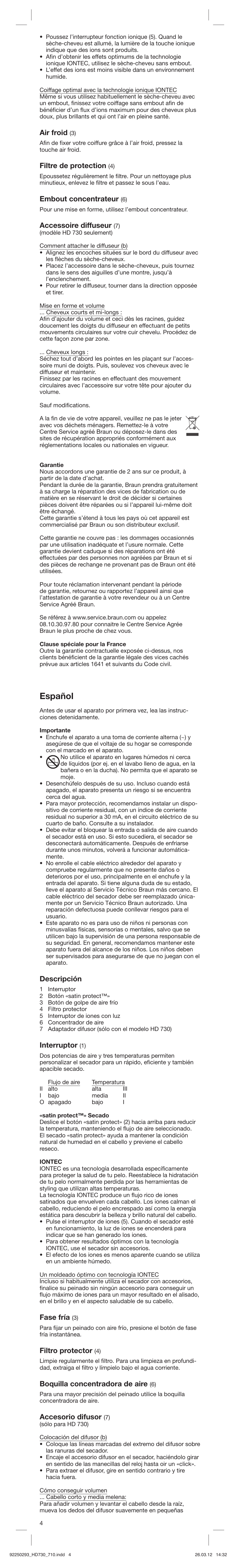Español, Air froid, Filtre de protection | Embout concentrateur, Accessoire diffuseur, Descripción, Interruptor, Fase fría, Filtro protector, Boquilla concentradora de aire | Braun HD710 Satin Hair 7 User Manual | Page 4 / 21