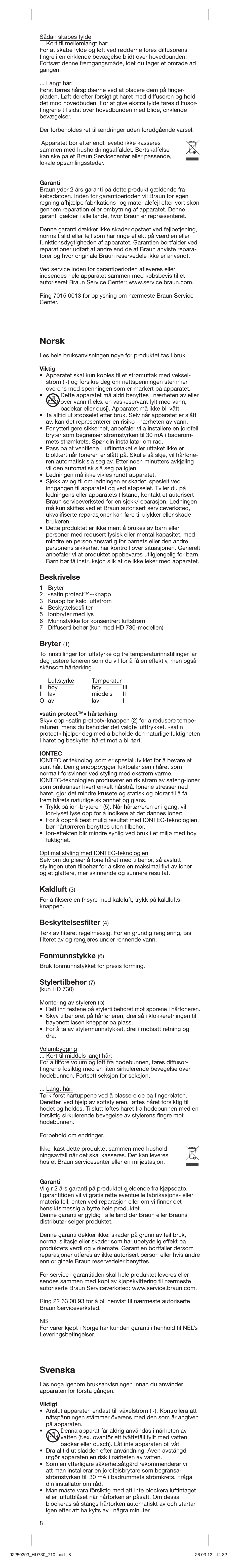 Norsk, Svenska, Beskrivelse | Bryter, Kaldluft, Beskyttelsesfilter, Fønmunnstykke, Stylertilbehør | Braun HD710 Satin Hair 7 User Manual | Page 8 / 21