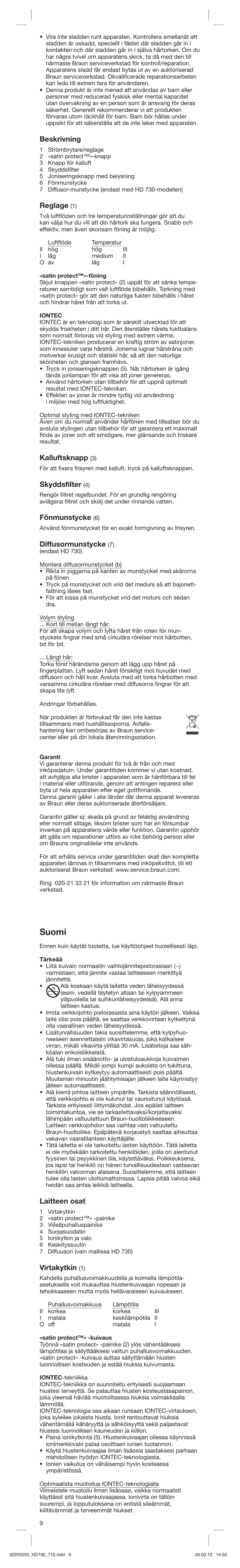 Suomi, Beskrivning, Reglage | Kalluftsknapp, Skyddsfilter, Fönmunstycke, Diffusormunstycke, Laitteen osat, Virtakytkin | Braun HD710 Satin Hair 7 User Manual | Page 9 / 21