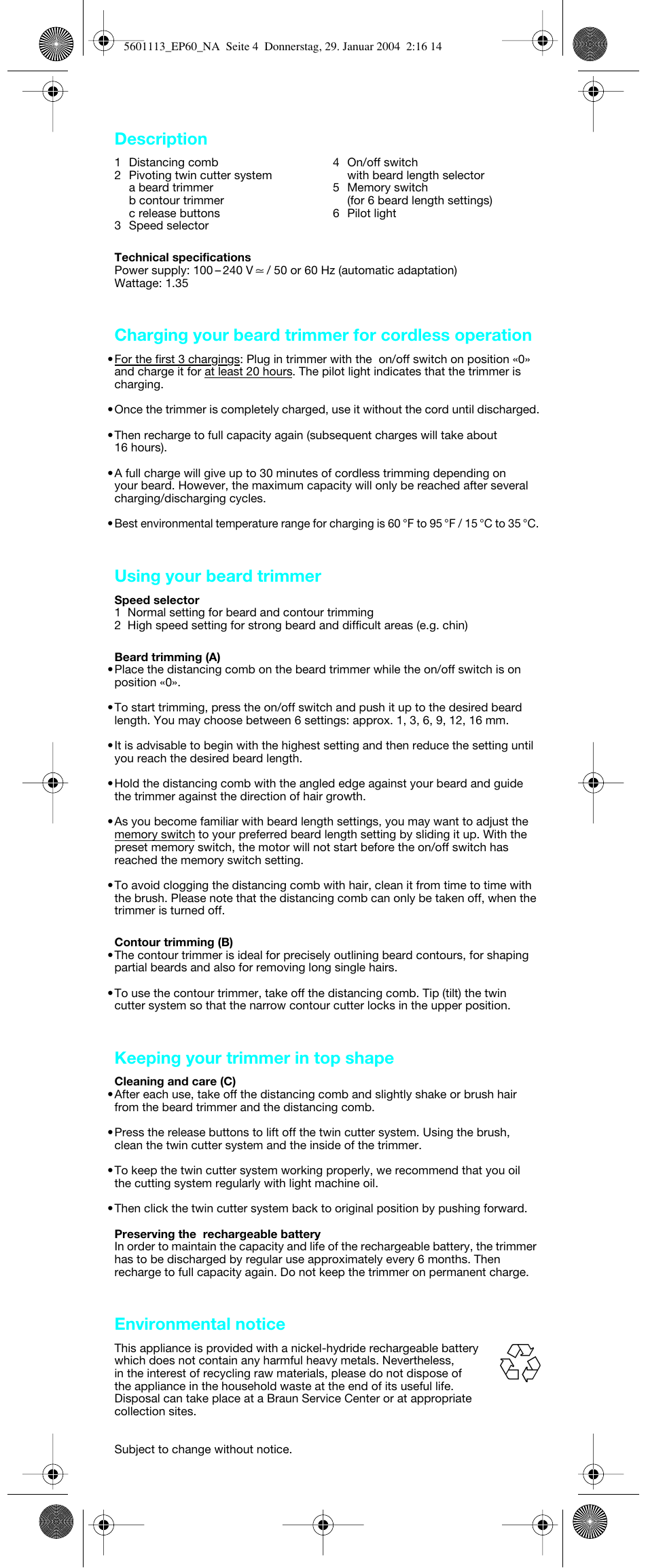 Description, Charging your beard trimmer for cordless operation, Using your beard trimmer | Keeping your trimmer in top shape, Environmental notice | Braun EP60 Exact Power User Manual | Page 4 / 10