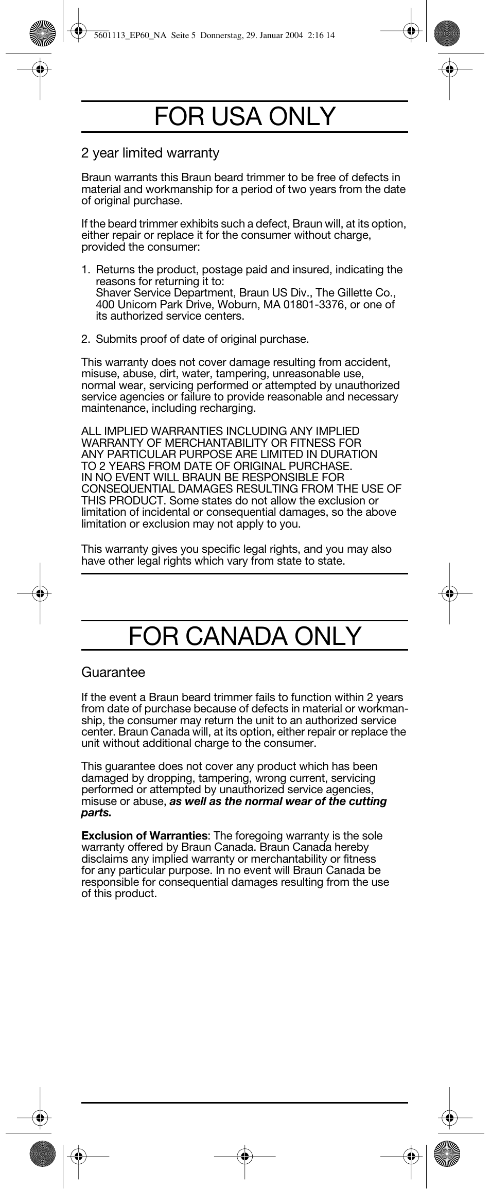 For usa only, For canada only | Braun EP60 Exact Power User Manual | Page 5 / 10