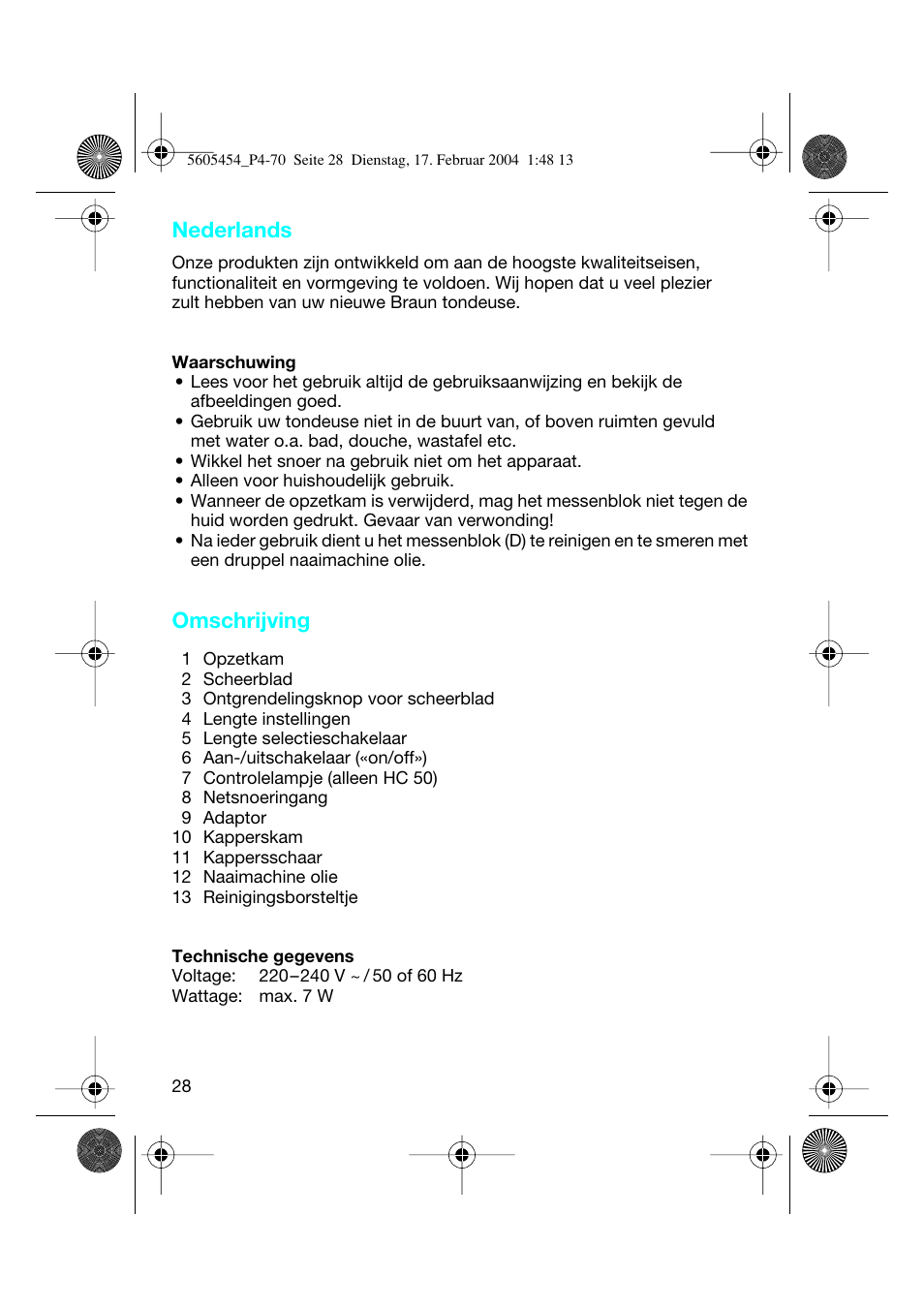 Nederlands, Omschrijving | Braun HC50 Hair Perfect User Manual | Page 28 / 70