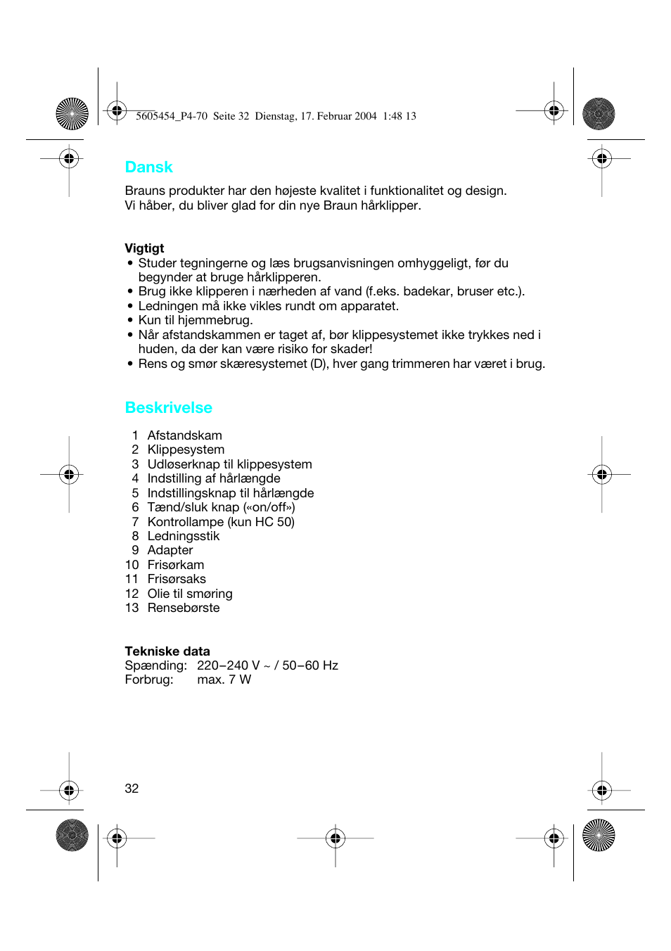 Dansk, Beskrivelse | Braun HC50 Hair Perfect User Manual | Page 32 / 70