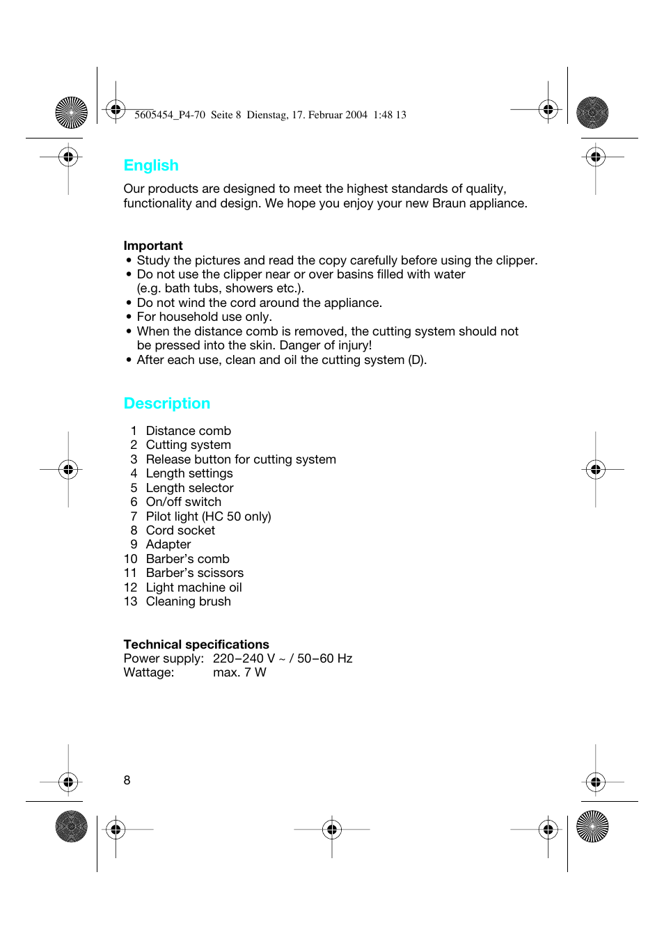 English, Description | Braun HC50 Hair Perfect User Manual | Page 8 / 70