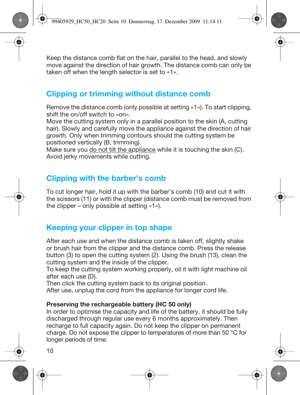 Clipping or trimming without distance comb, Clipping with the barber’s comb, Keeping your clipper in top shape | Braun HC50 Hair Clipper Hair Perfect User Manual | Page 10 / 62