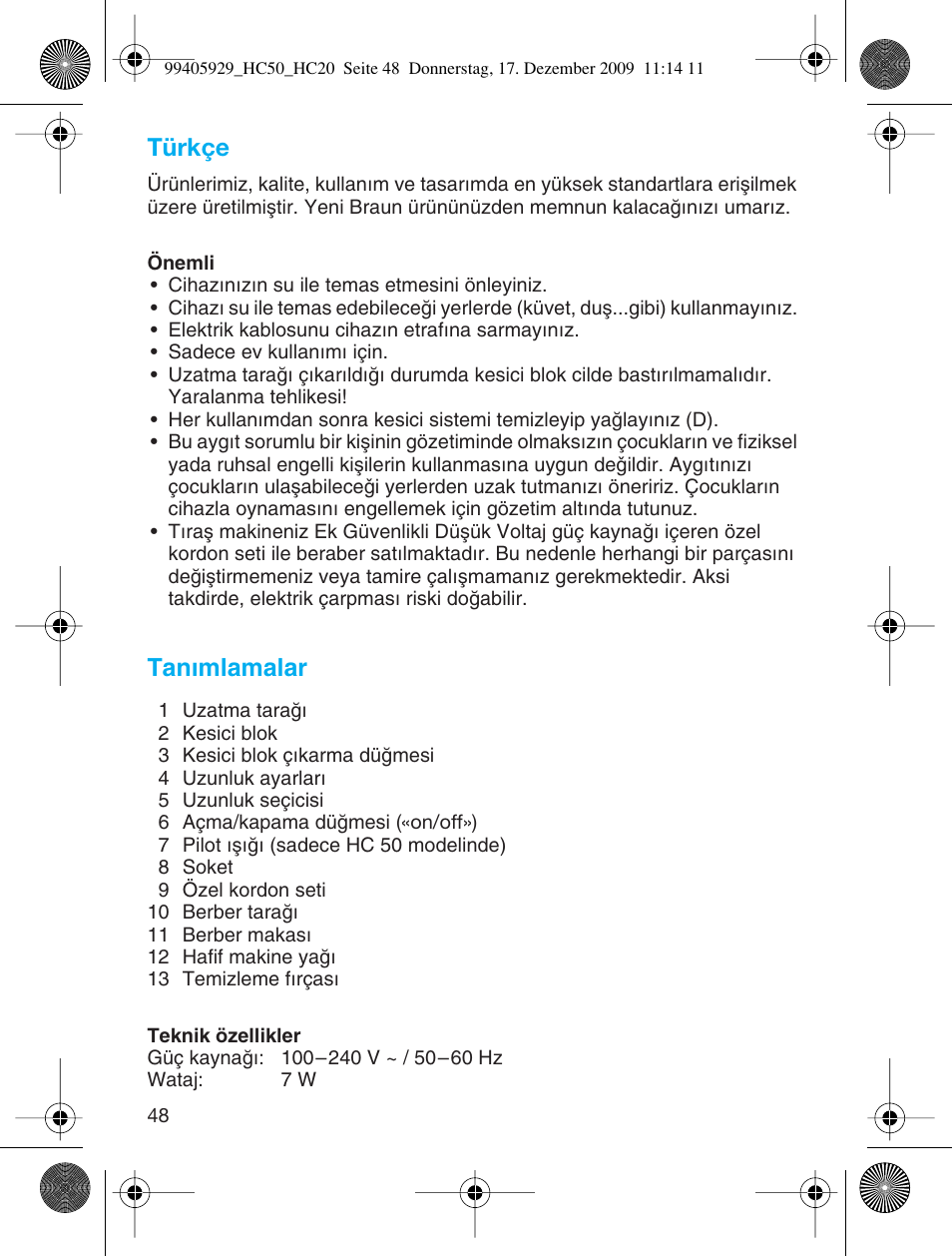 Türkçe, Tanımlamalar | Braun HC50 Hair Clipper Hair Perfect User Manual | Page 48 / 62