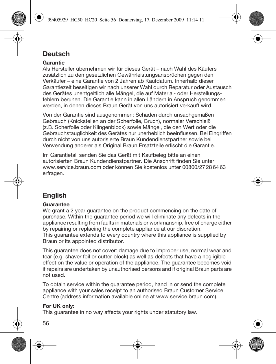 Deutsch, English | Braun HC50 Hair Clipper Hair Perfect User Manual | Page 56 / 62