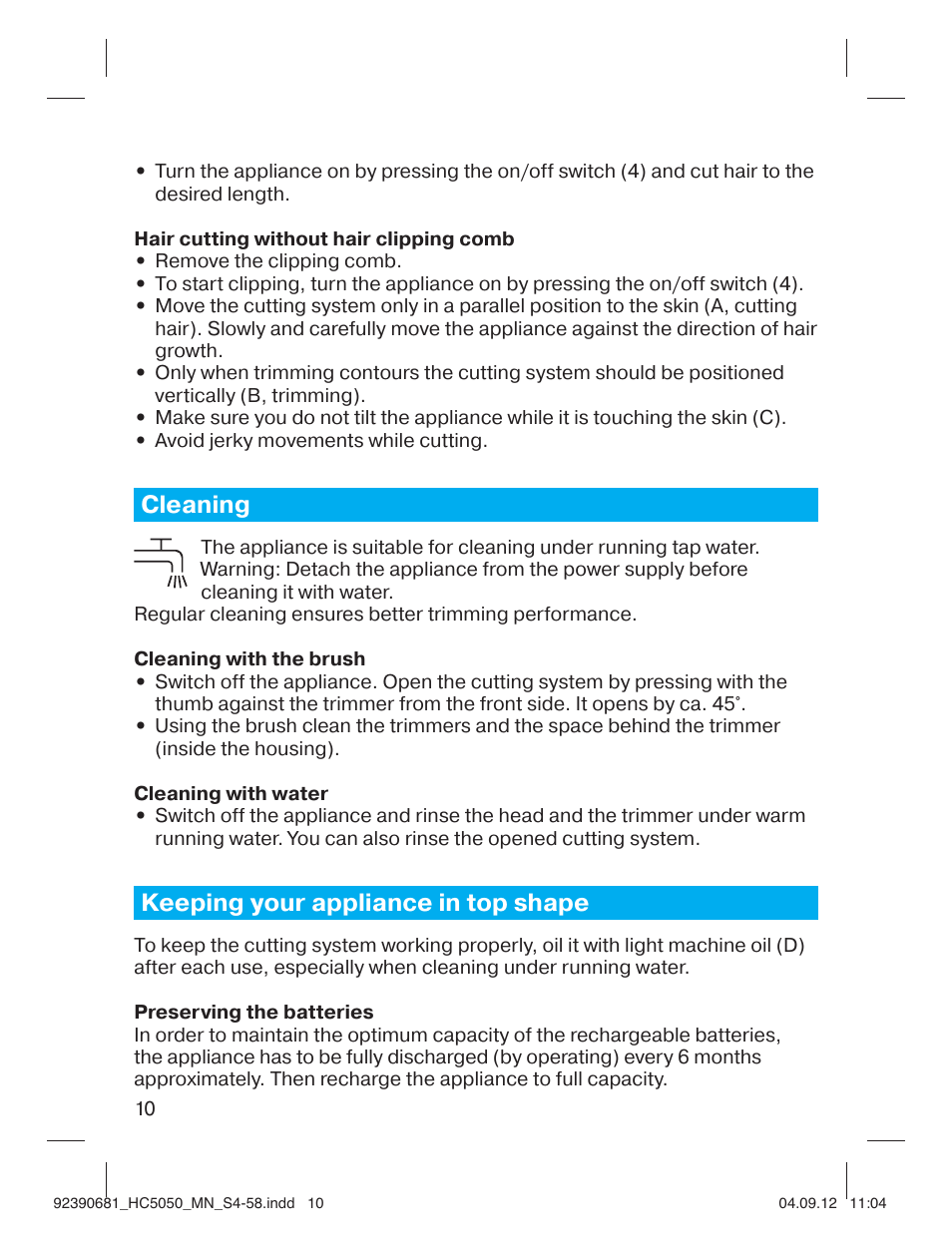 Cleaning, Keeping your appliance in top shape | Braun HC3050 Hair Clipper, Series 3, Series 5 User Manual | Page 10 / 55