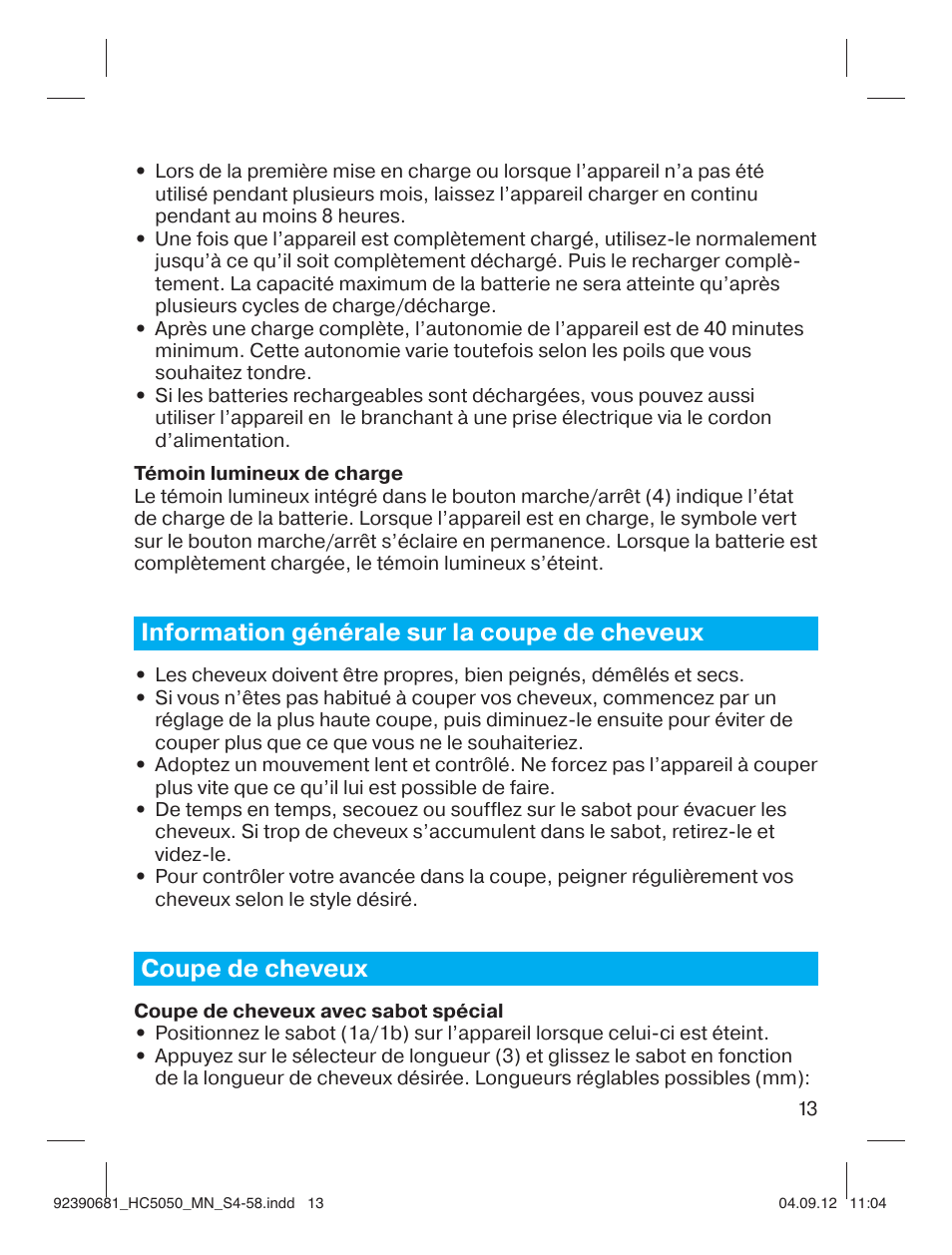 Information générale sur la coupe de cheveux, Coupe de cheveux | Braun HC3050 Hair Clipper, Series 3, Series 5 User Manual | Page 13 / 55
