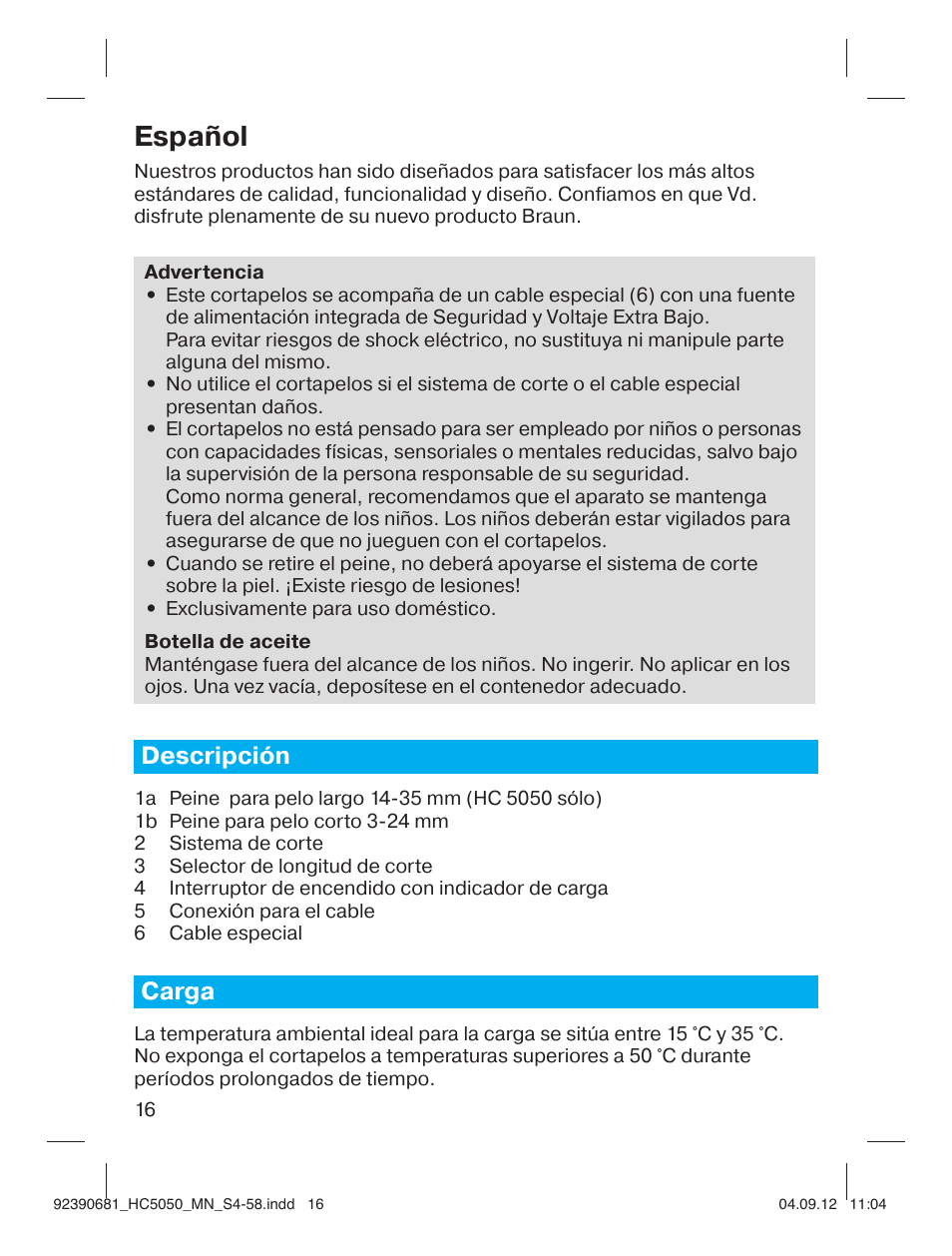 Español, Descripción, Carga | Braun HC3050 Hair Clipper, Series 3, Series 5 User Manual | Page 16 / 55