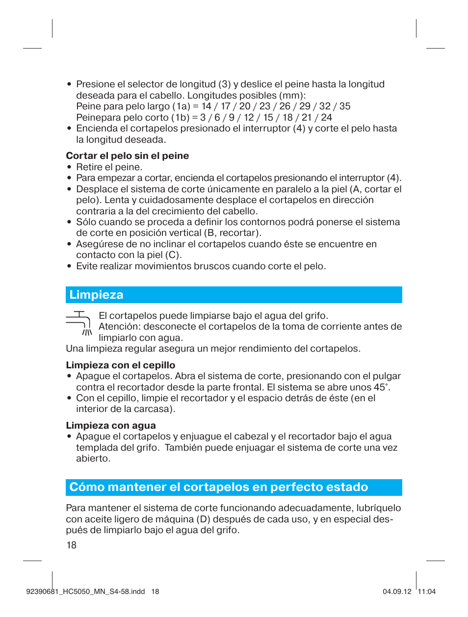 Limpieza, Cómo mantener el cortapelos en perfecto estado | Braun HC3050 Hair Clipper, Series 3, Series 5 User Manual | Page 18 / 55