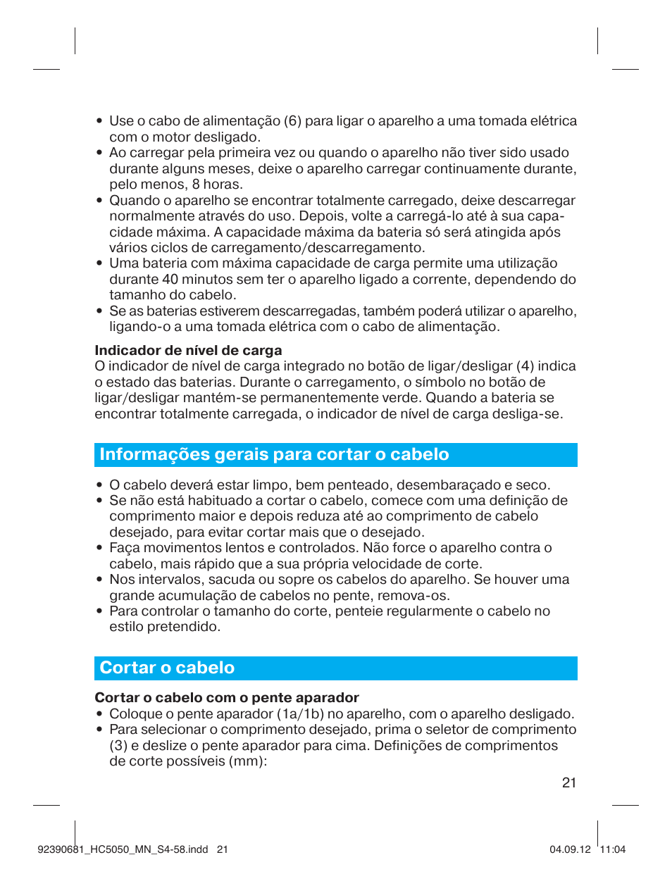 Informações gerais para cortar o cabelo, Cortar o cabelo | Braun HC3050 Hair Clipper, Series 3, Series 5 User Manual | Page 21 / 55
