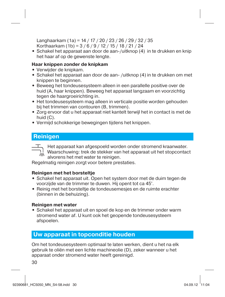Reinigen, Uw apparaat in topconditie houden | Braun HC3050 Hair Clipper, Series 3, Series 5 User Manual | Page 30 / 55