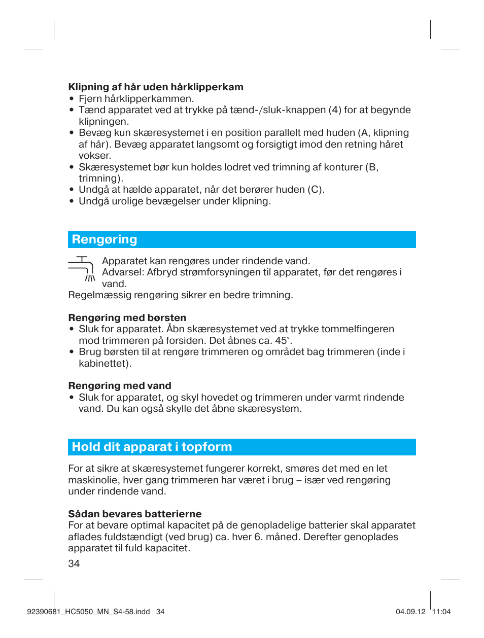 Rengøring, Hold dit apparat i topform | Braun HC3050 Hair Clipper, Series 3, Series 5 User Manual | Page 34 / 55