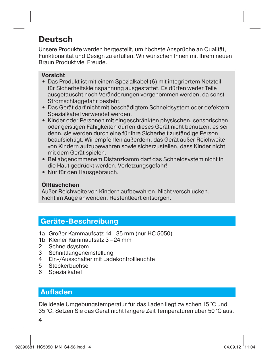 92390681_hc5050_mn_s4-58, Deutsch, Geräte-beschreibung | Aufladen | Braun HC3050 Hair Clipper, Series 3, Series 5 User Manual | Page 4 / 55