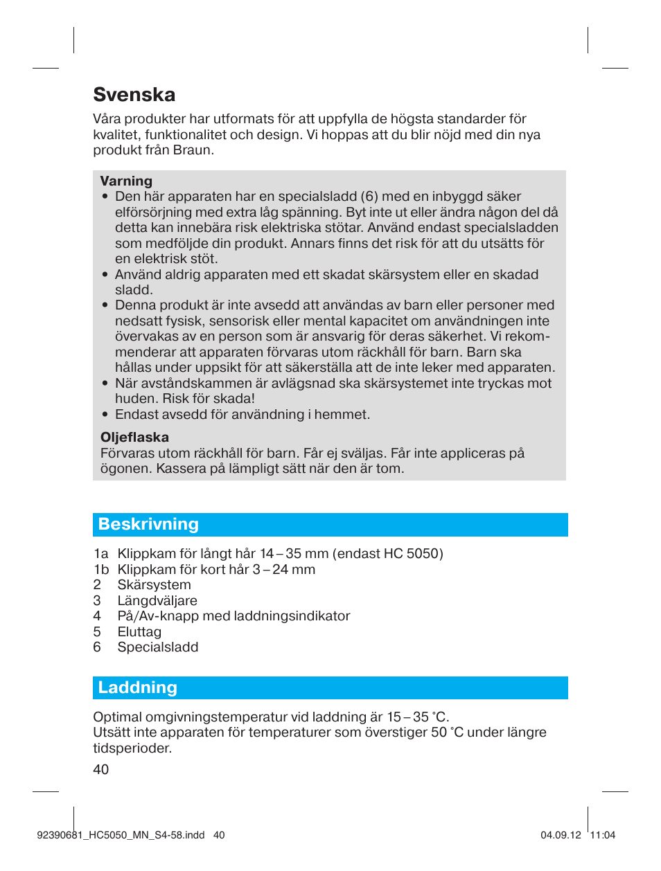Svenska, Beskrivning, Laddning | Braun HC3050 Hair Clipper, Series 3, Series 5 User Manual | Page 40 / 55