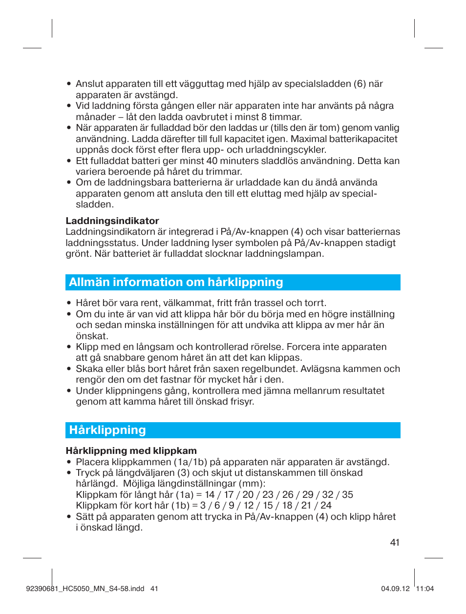 Allmän information om hårklippning, Hårklippning | Braun HC3050 Hair Clipper, Series 3, Series 5 User Manual | Page 41 / 55