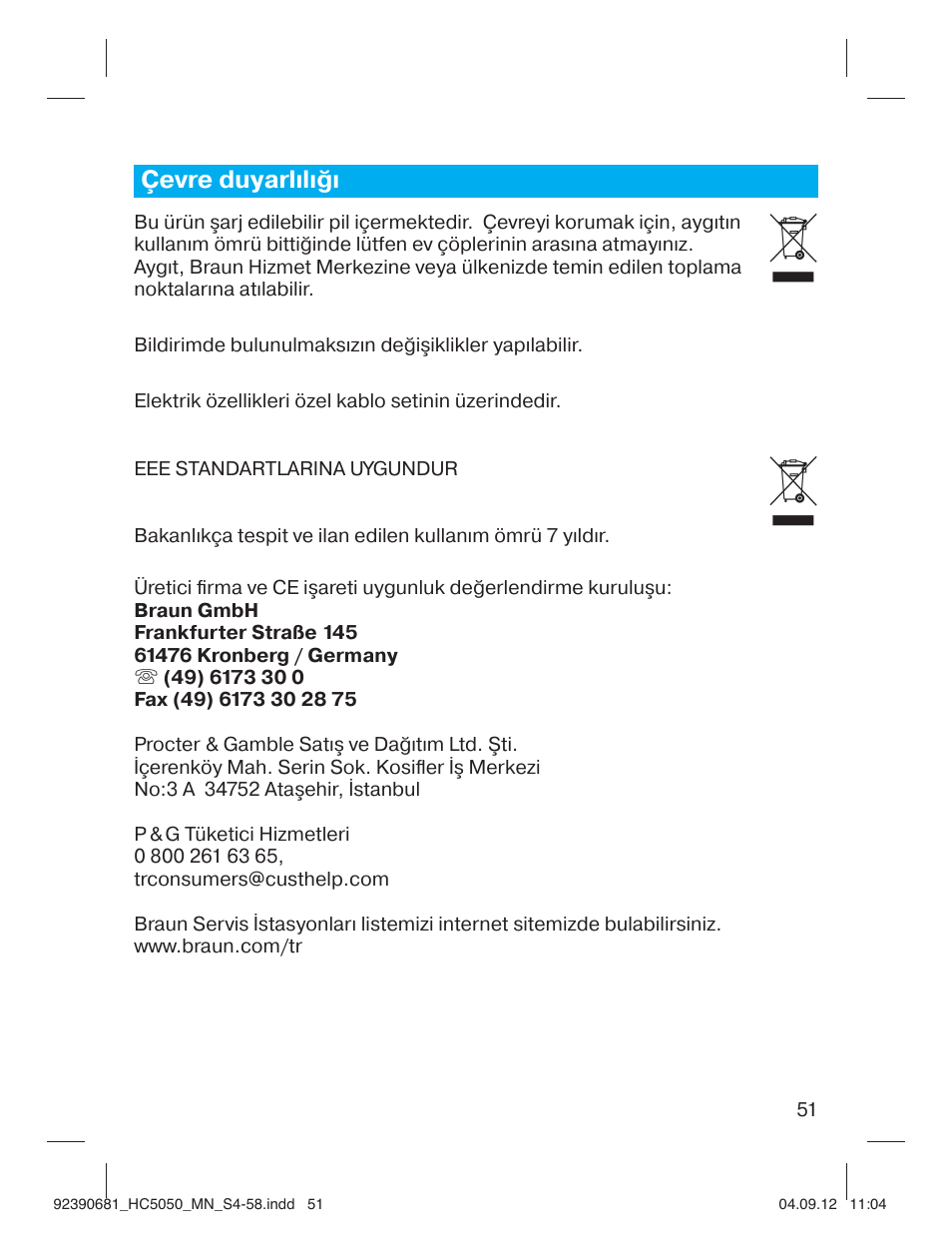 Çevre duyarlılığı | Braun HC3050 Hair Clipper, Series 3, Series 5 User Manual | Page 51 / 55