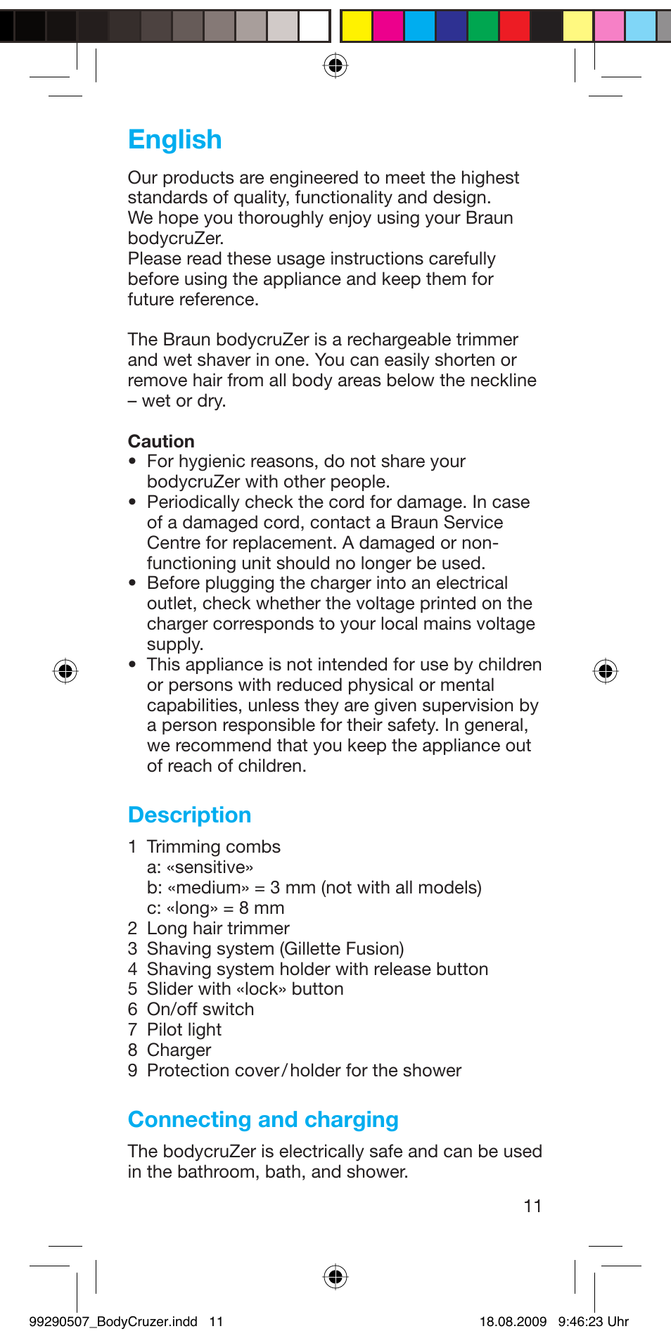 English, Description, Connecting and charging | Braun B35 BodyCruzer User Manual | Page 10 / 70