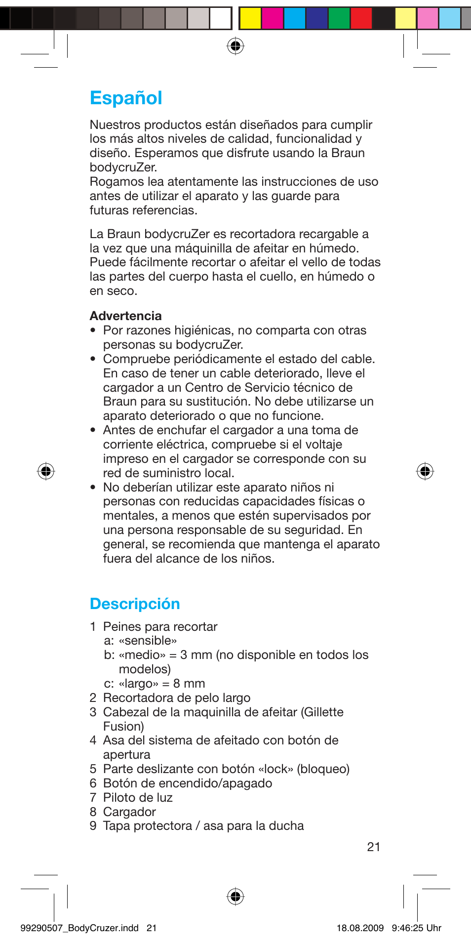 Español, Descripción | Braun B35 BodyCruzer User Manual | Page 20 / 70