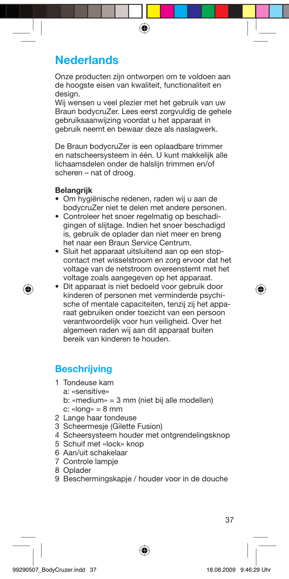 Nederlands, Beschrijving | Braun B35 BodyCruzer User Manual | Page 36 / 70