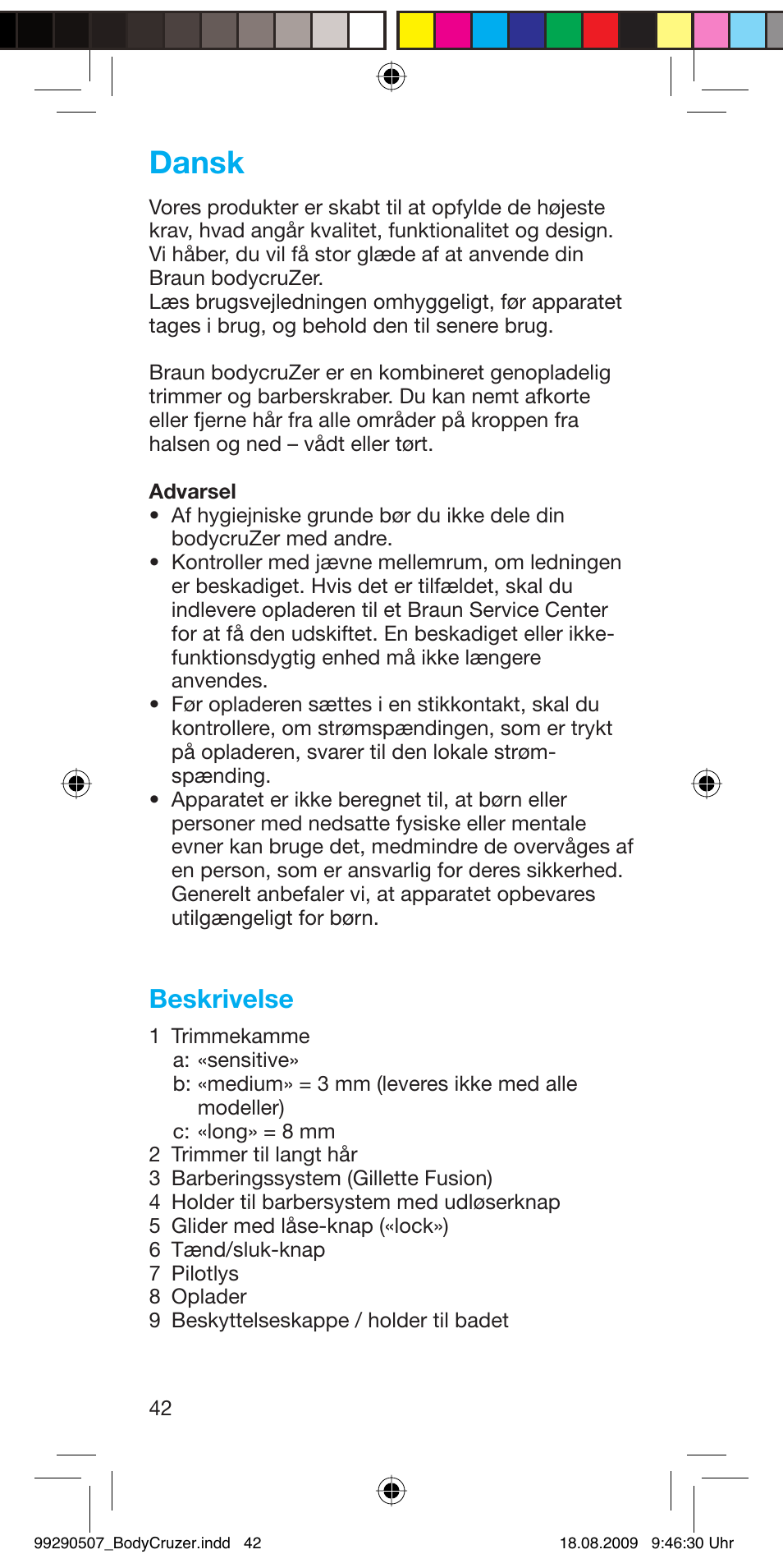 Dansk, Beskrivelse | Braun B35 BodyCruzer User Manual | Page 41 / 70