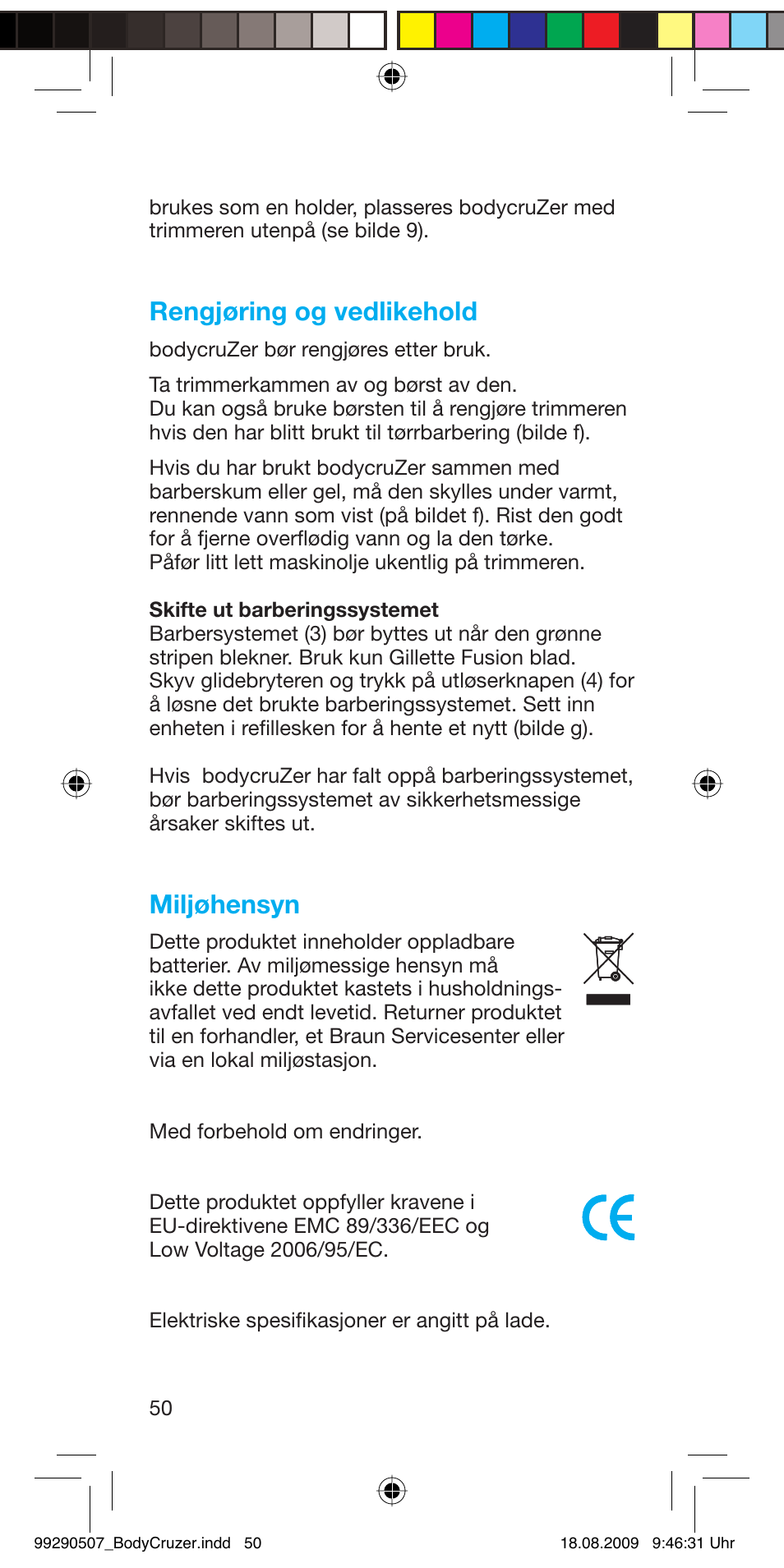 Rengjøring og vedlikehold, Miljøhensyn | Braun B35 BodyCruzer User Manual | Page 49 / 70