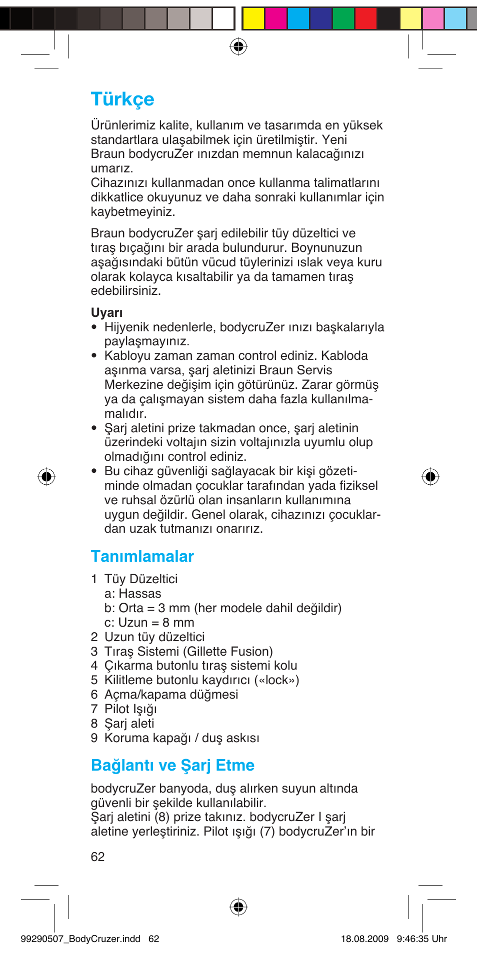 Türkçe, Tanımlamalar, Bağlantı ve şarj etme | Braun B35 BodyCruzer User Manual | Page 61 / 70