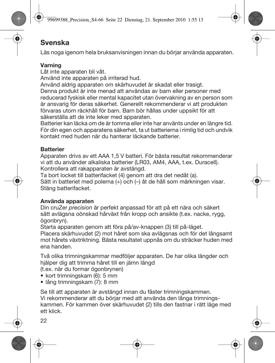 Svenska | Braun CruZer6 Precision User Manual | Page 22 / 64