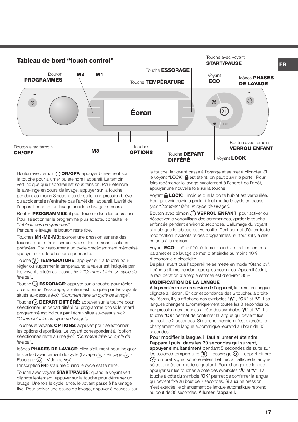 Écran, Tableau de bord “touch control | Hotpoint Ariston AQ113D 69 User Manual | Page 17 / 84