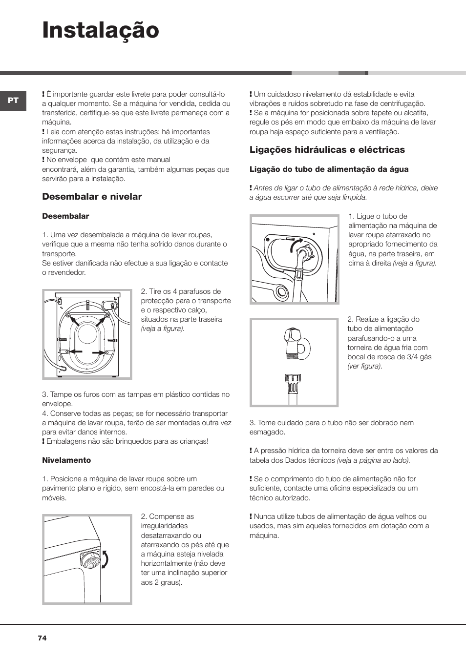 Instalação | Hotpoint Ariston AQ113D 69 User Manual | Page 74 / 84