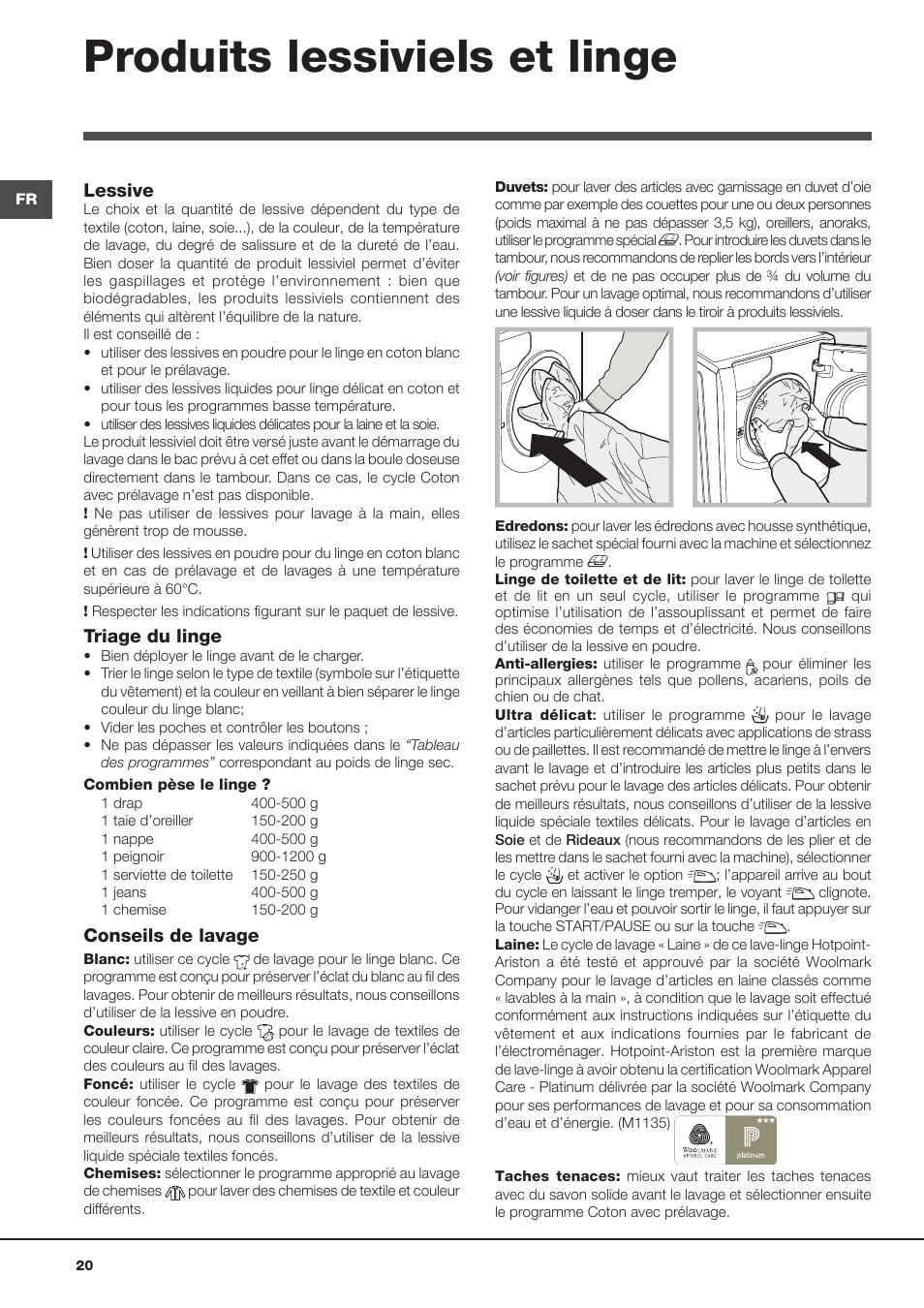 Produits lessiviels et linge | Hotpoint Ariston Aqualtis AQ93F 29X User Manual | Page 20 / 60