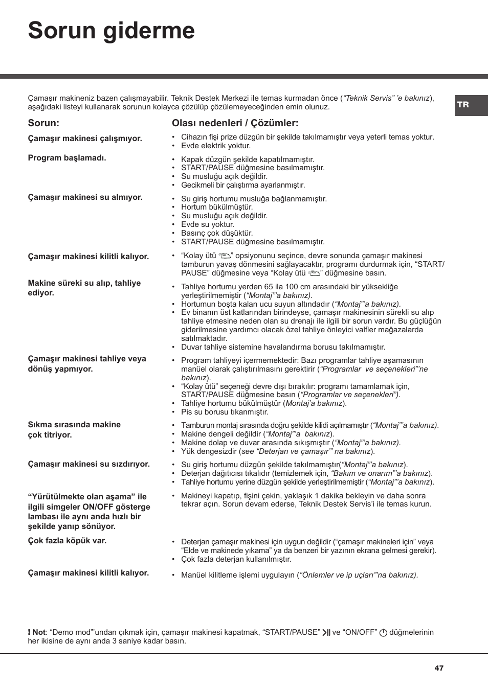 Sorun giderme | Hotpoint Ariston Aqualtis AQ93F 29X User Manual | Page 47 / 60