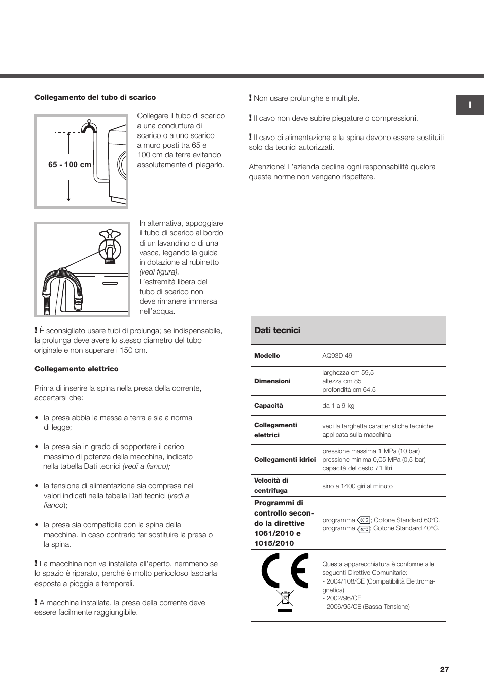 Hotpoint Ariston Aqualtis AQ93D 49 User Manual | Page 27 / 72