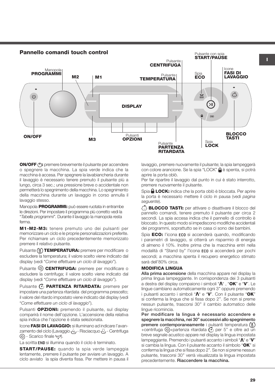 Pannello comandi touch control | Hotpoint Ariston Aqualtis AQ93D 49 User Manual | Page 29 / 72