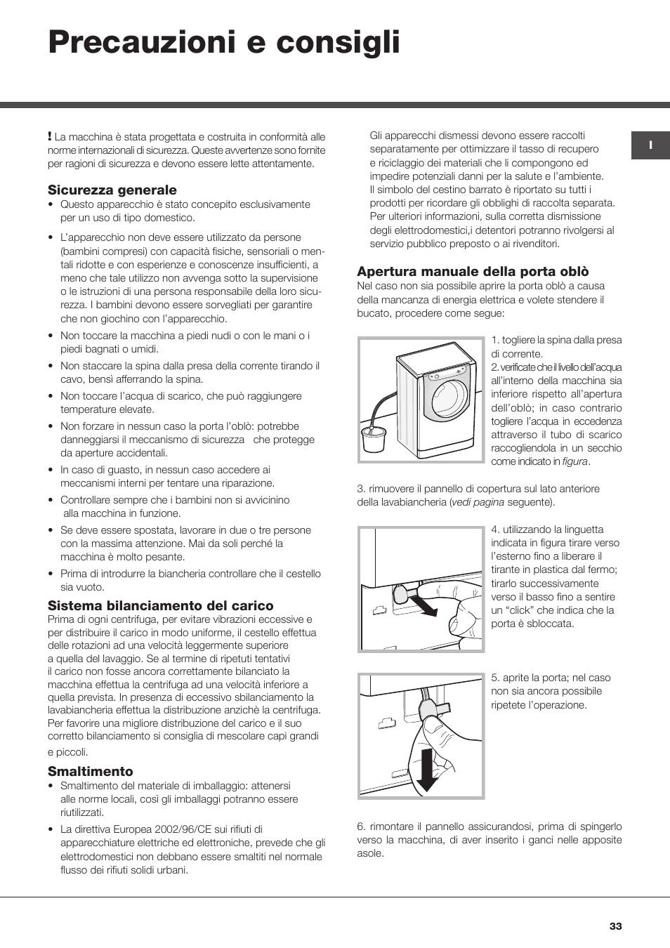 Precauzioni e consigli | Hotpoint Ariston Aqualtis AQ93D 49 User Manual | Page 33 / 72