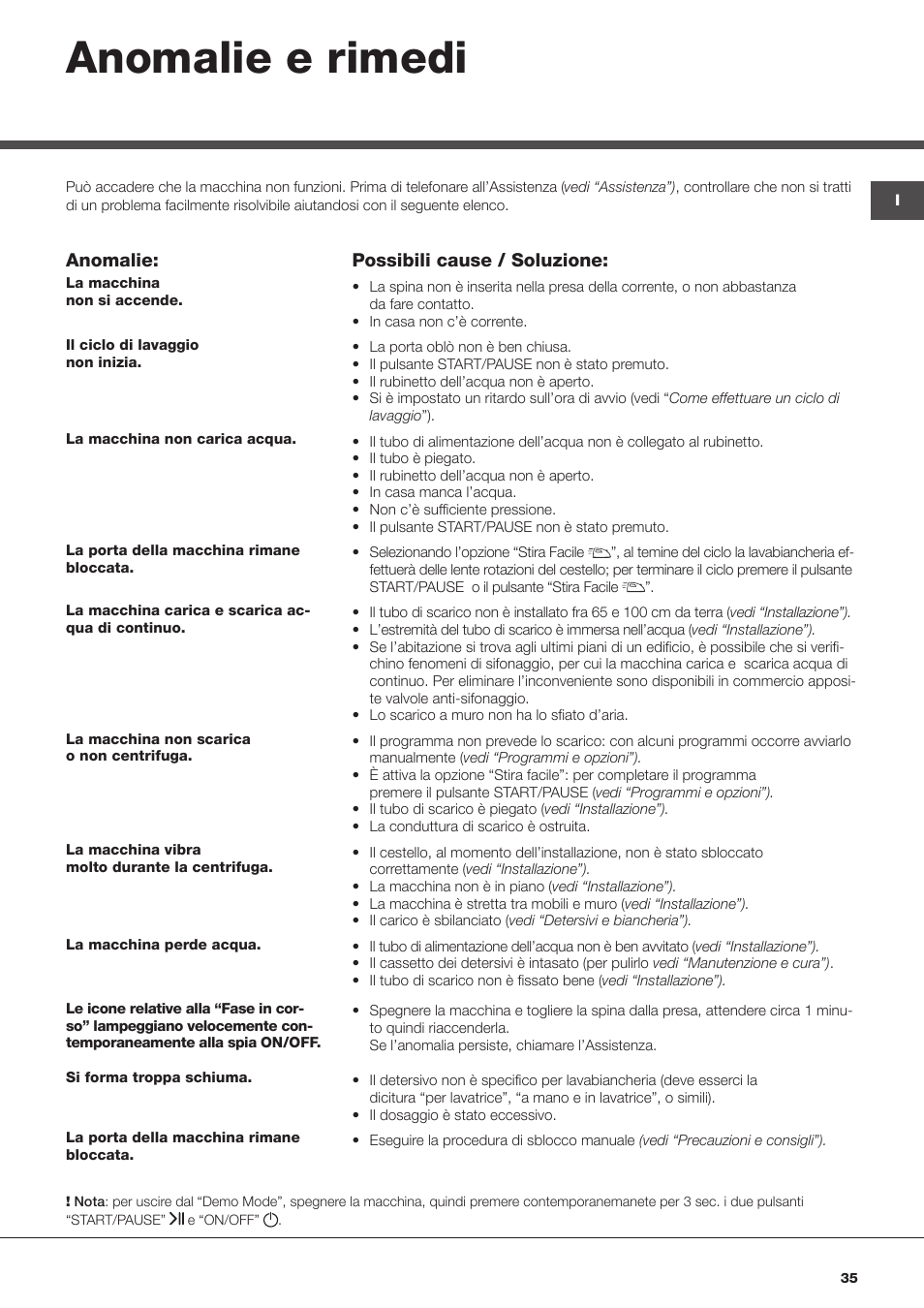 Anomalie e rimedi, Anomalie, Possibili cause / soluzione | Hotpoint Ariston Aqualtis AQ93D 49 User Manual | Page 35 / 72