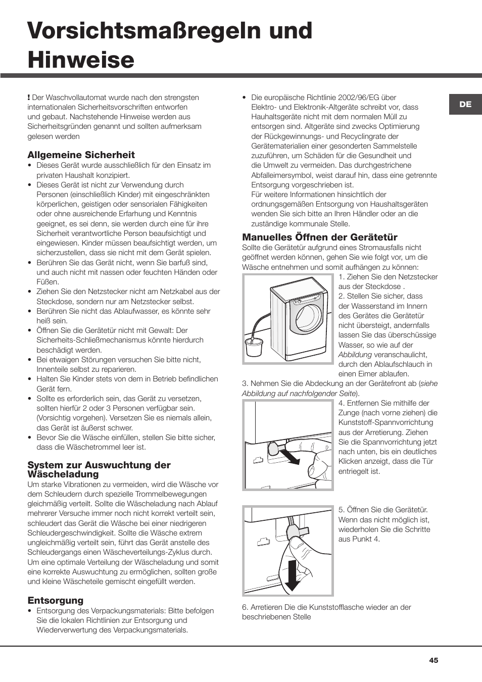 Vorsichtsmaßregeln und hinweise | Hotpoint Ariston Aqualtis AQ93D 49 User Manual | Page 45 / 72