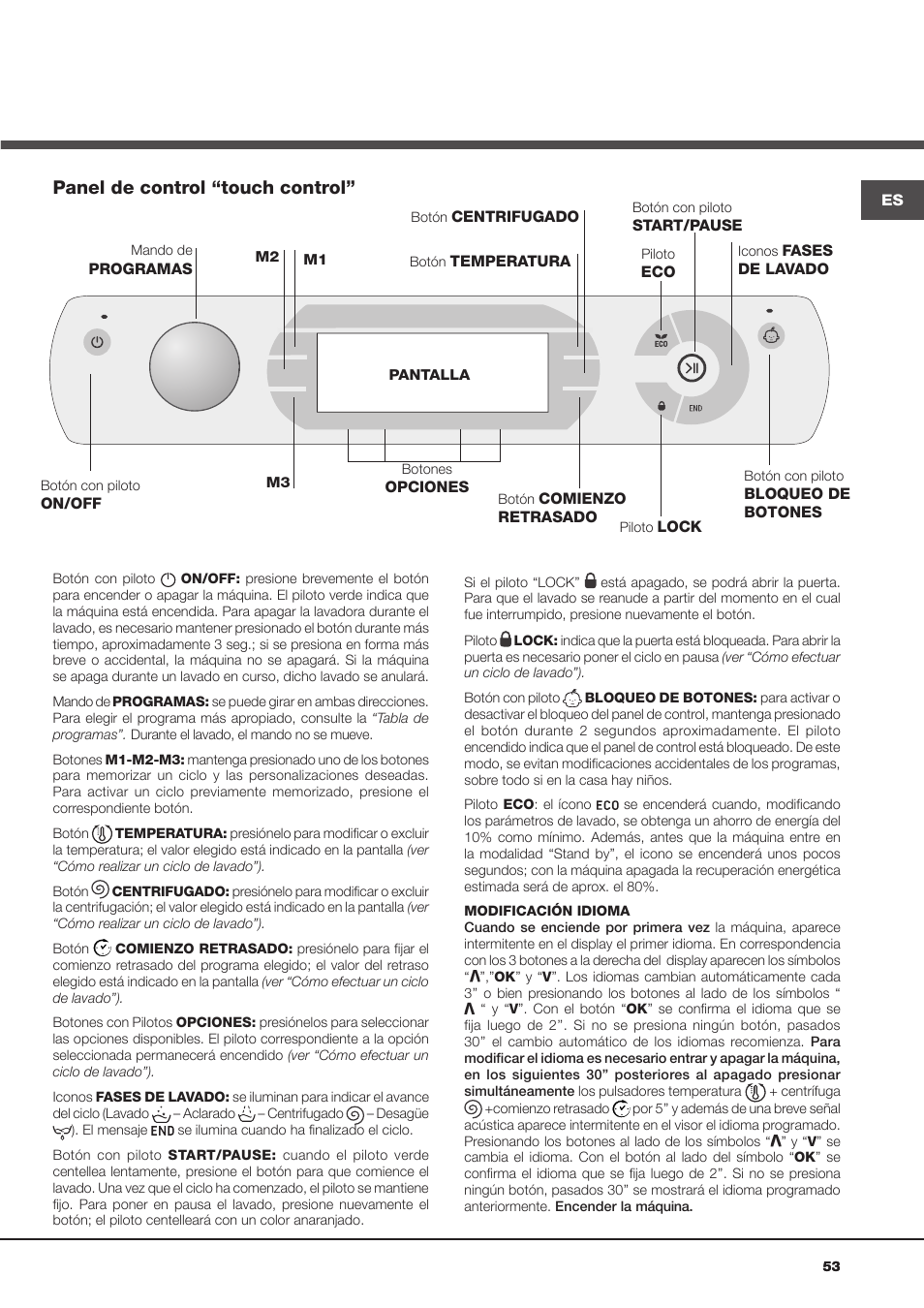 Panel de control “touch control | Hotpoint Ariston Aqualtis AQ93D 49 User Manual | Page 53 / 72