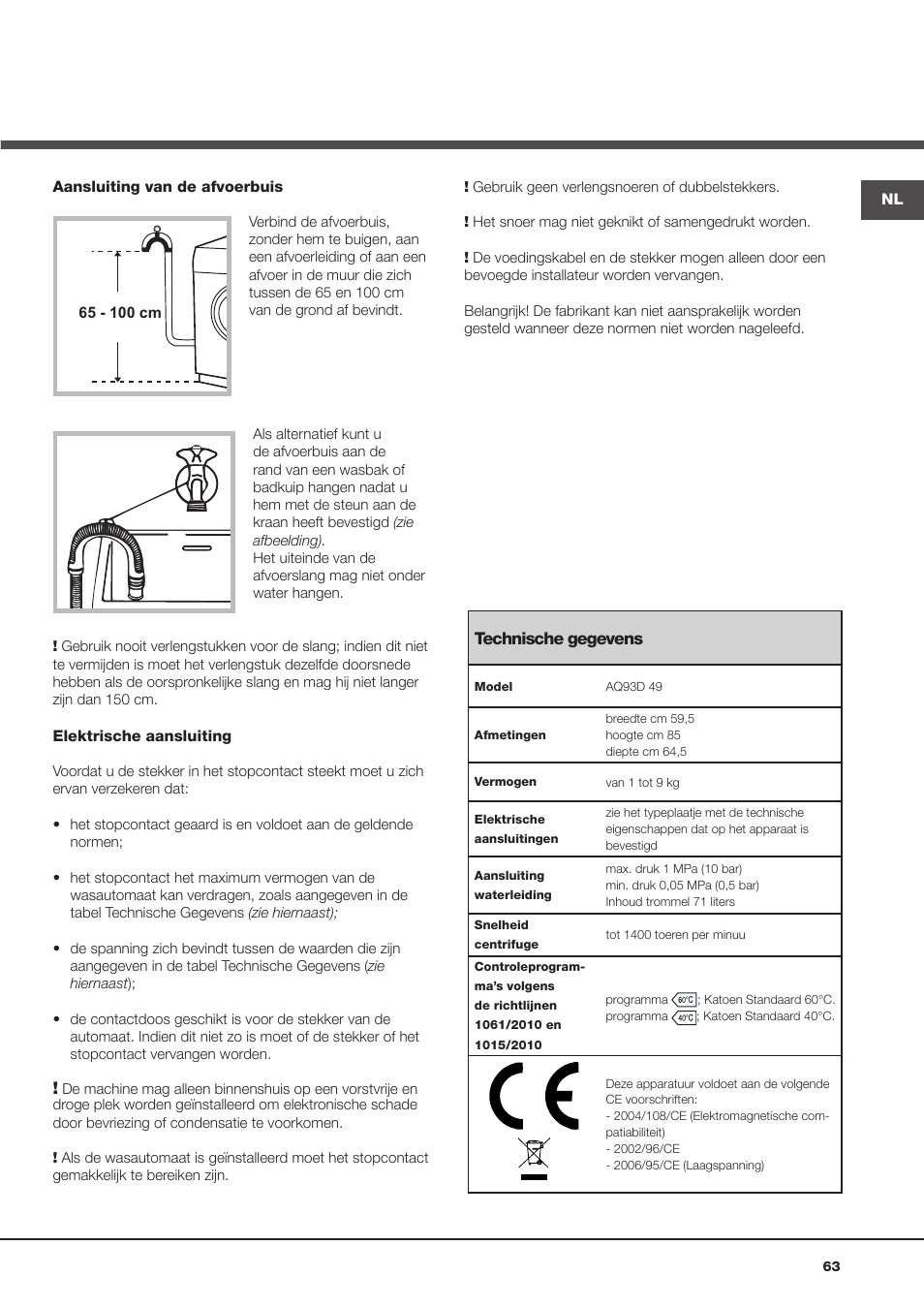 Hotpoint Ariston Aqualtis AQ93D 49 User Manual | Page 63 / 72