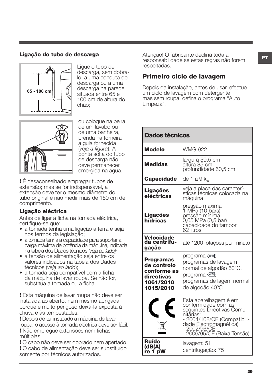 Hotpoint Ariston WMG 922 User Manual | Page 39 / 72