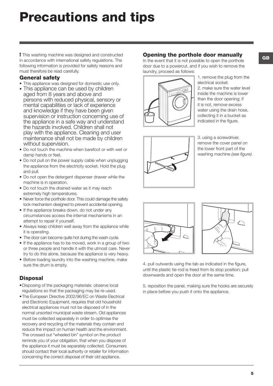 Precautions and tips | Hotpoint Ariston WMG 722B User Manual | Page 5 / 72