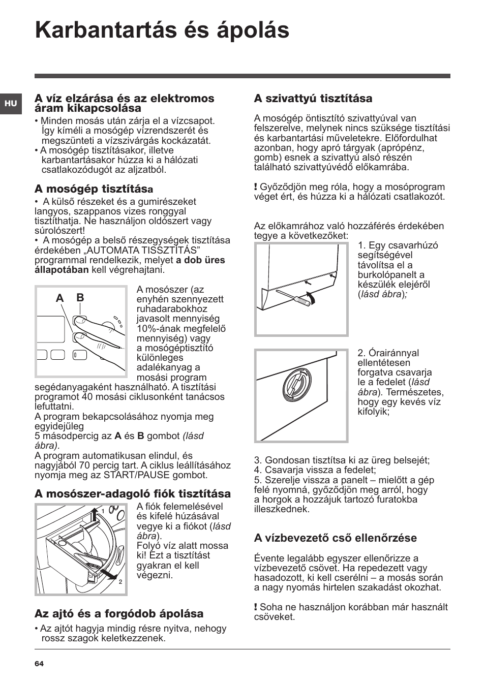 Karbantartás és ápolás | Hotpoint Ariston WMG 722B User Manual | Page 64 / 72
