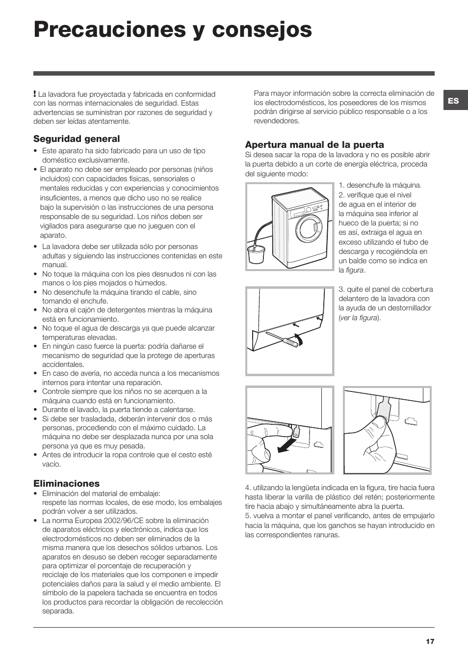 Precauciones y consejos | Hotpoint Ariston WMG 823 User Manual | Page 17 / 36