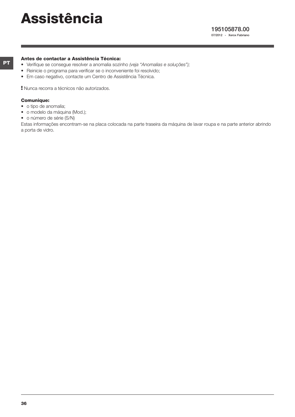 Assistência | Hotpoint Ariston WMG 823 User Manual | Page 36 / 36