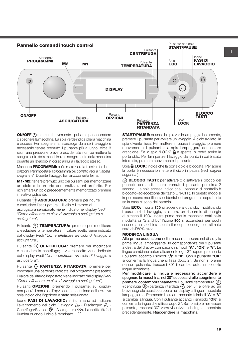 Pannello comandi touch control | Hotpoint Ariston AQD1070D 69 User Manual | Page 19 / 60