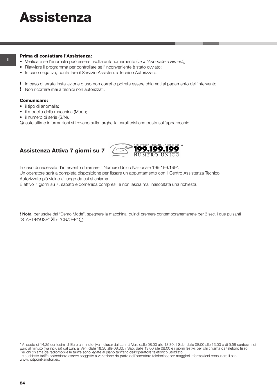 Assistenza | Hotpoint Ariston AQD1070D 69 User Manual | Page 24 / 60